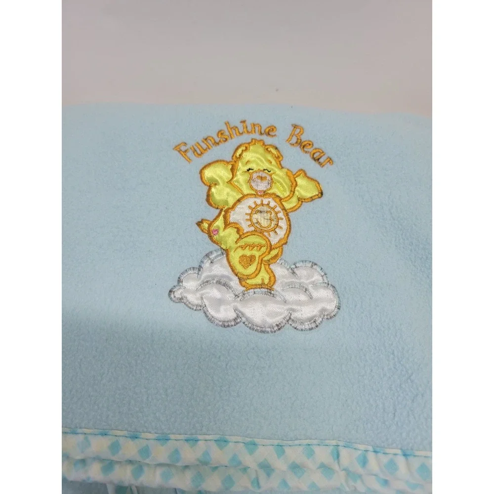 Vtg Care Bears Sunshine Bear Baby Blanket Blue Clouds Embroidered‎ Fleece 30x40